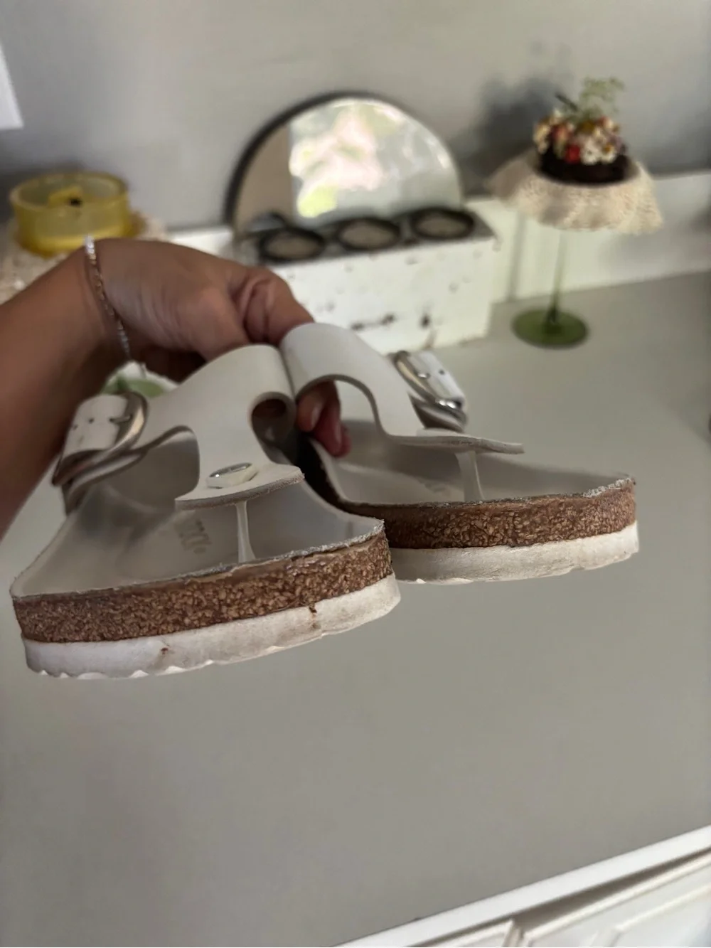 Birkenstock White Leather Slip-On Sandals with Cork Footbed - Picture 6 of 8